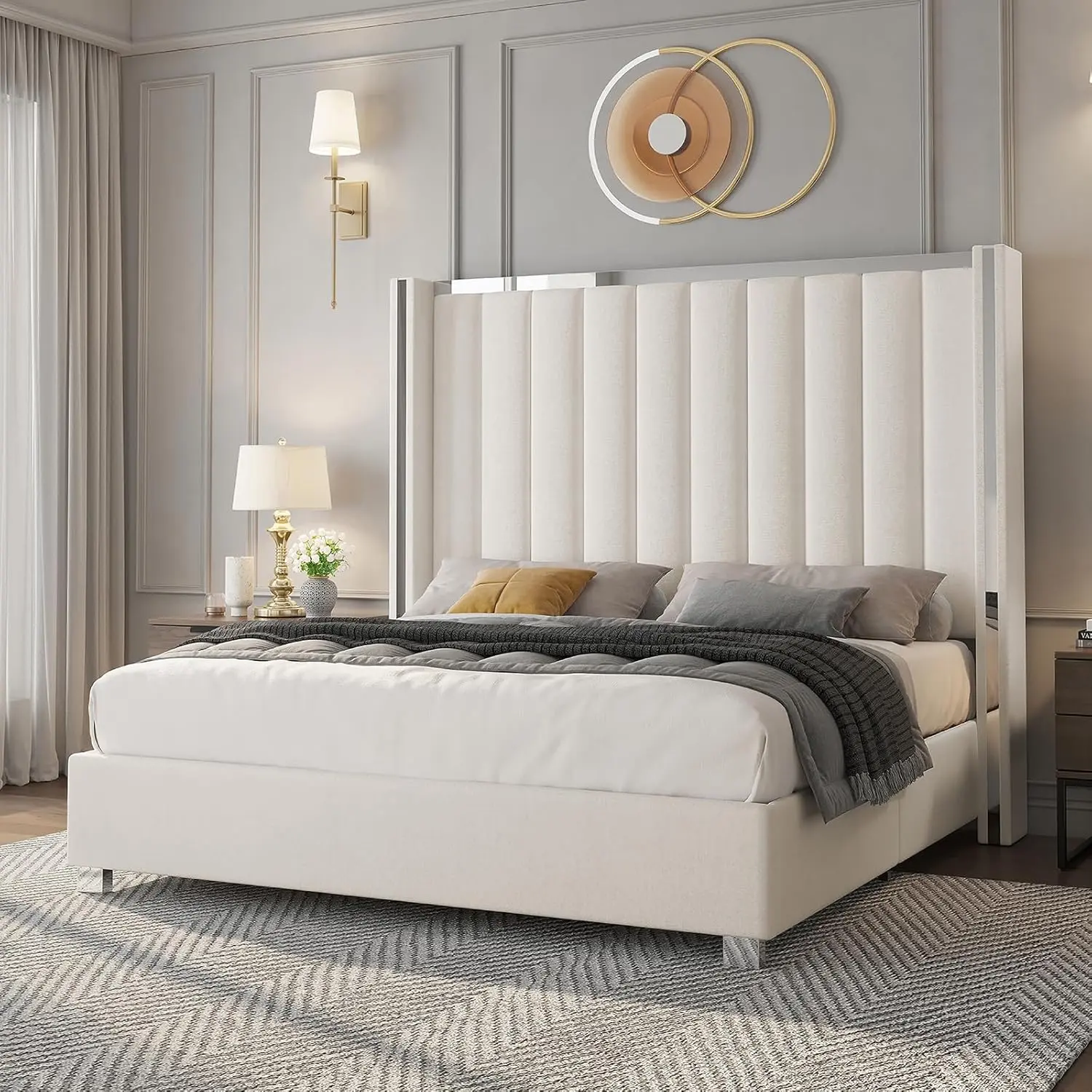 [Summerwins]Amerlife Queen Upholstered Platform Bed Frame - 58" Tall Channel Tufted Wingback Headboard, Velvet Upholstery, Durable, No Box Spring Needed, Luxury Indoor Apartment Furniture, Home Decor Gift, Queen Bed Frame