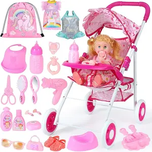 11"x20"x21" 24pcs Pink Doll Stroller Toy for Girls Includes Stroller Doll Clothes Sunglasses Perfect for Playing House Party Birthday Gift