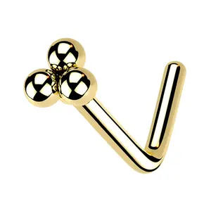 Gold PVD Beaded Triad L Bend Nose Stud