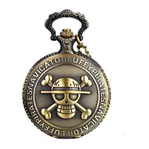 OIDEA One Piece Pocket Watch Antique Bronze Anime Skull Style Quartz Watch Necklace with 31.5 Inch Chain for Men Women