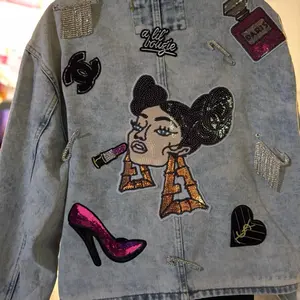 a lil’ bougie Embellished Denim Jacket size 2X with Sparkly Patches and High Heel Design