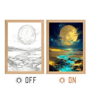 Moonlit Beach LED Light Painting, USB-Powered Adjustable Desk Lamp with Polished Wood Frame, Magical Luminous Moon & Starry Sea Effect, Perfect for Bedroom, Living Room, Office & Home Decor, Ideal Gift for Nature & Fantasy Art Lovers