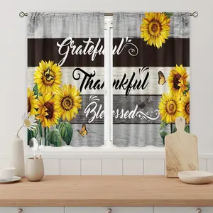 2D Flat-Polyester-Sunflower Short Curtain Country Simple Farmhouse Retro Wood Grain Rod Kitchen Drapery Living Room Bedroom Home Decoration, 2D Flat