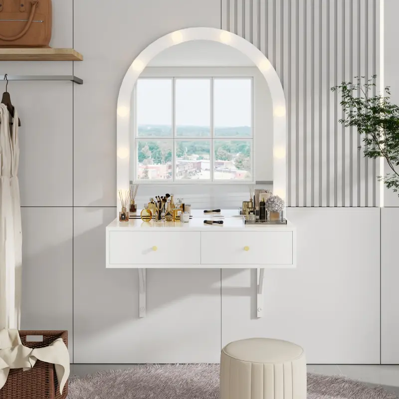 White Makeup Vanity - 31" Wall-Mounted Floating Desk with Mirror, 3-Color Lights, 2 Drawers, Power Outlet, 66LBS Weight Capacity for Bedroom Hairdressers