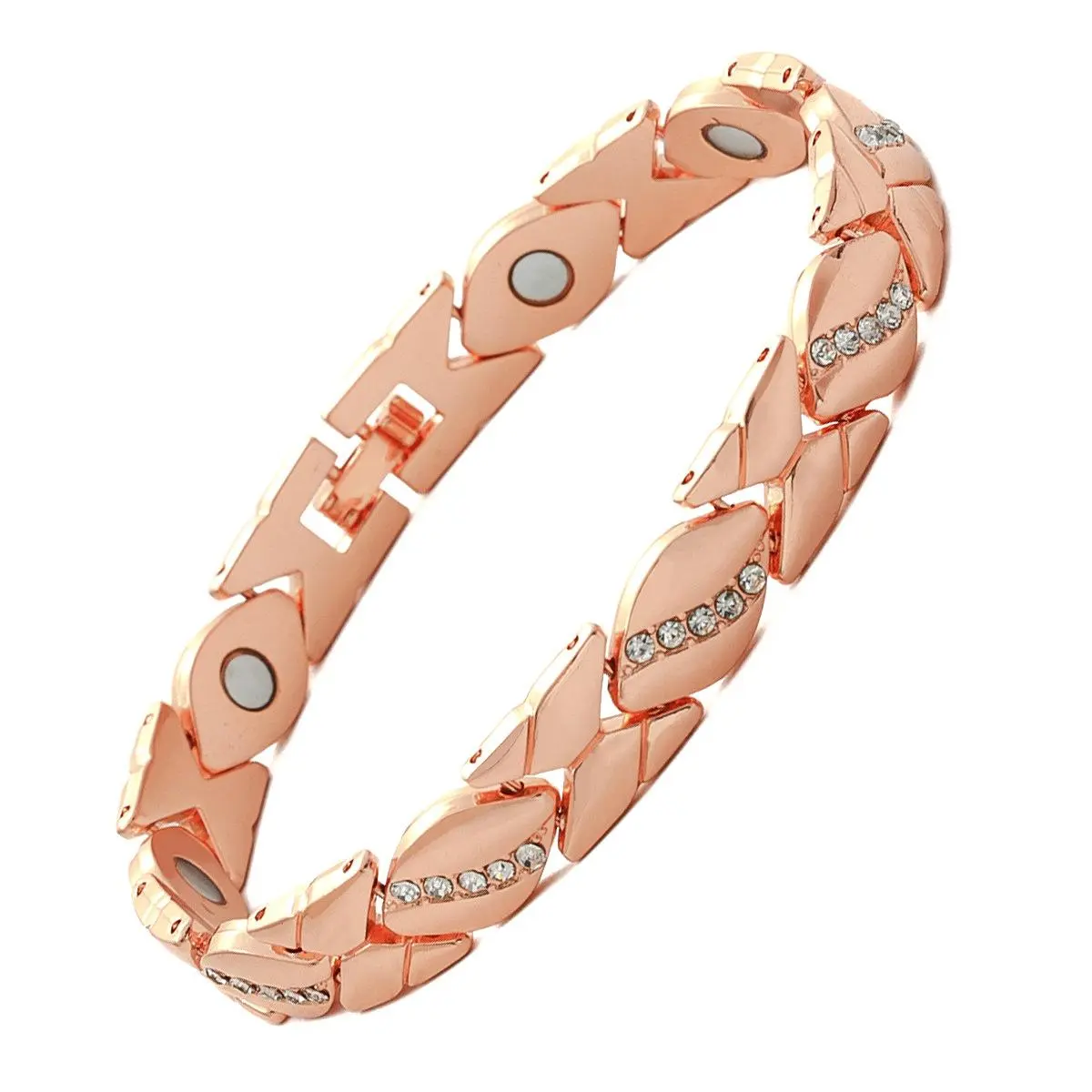 Female Leaf Pattern Magnetic Energy Bracelet - Premium Eco-Friendly Alloy Metal, Metal Coating, Adjustable Fit, Rhinestone Inlay, 1 cm Width, 21 cm Length, Daily Costume Jewelry, Ideal Valentine’s Day Gift, Rhinstone Inlay, Engagement, Dimensions, Year-Ro
