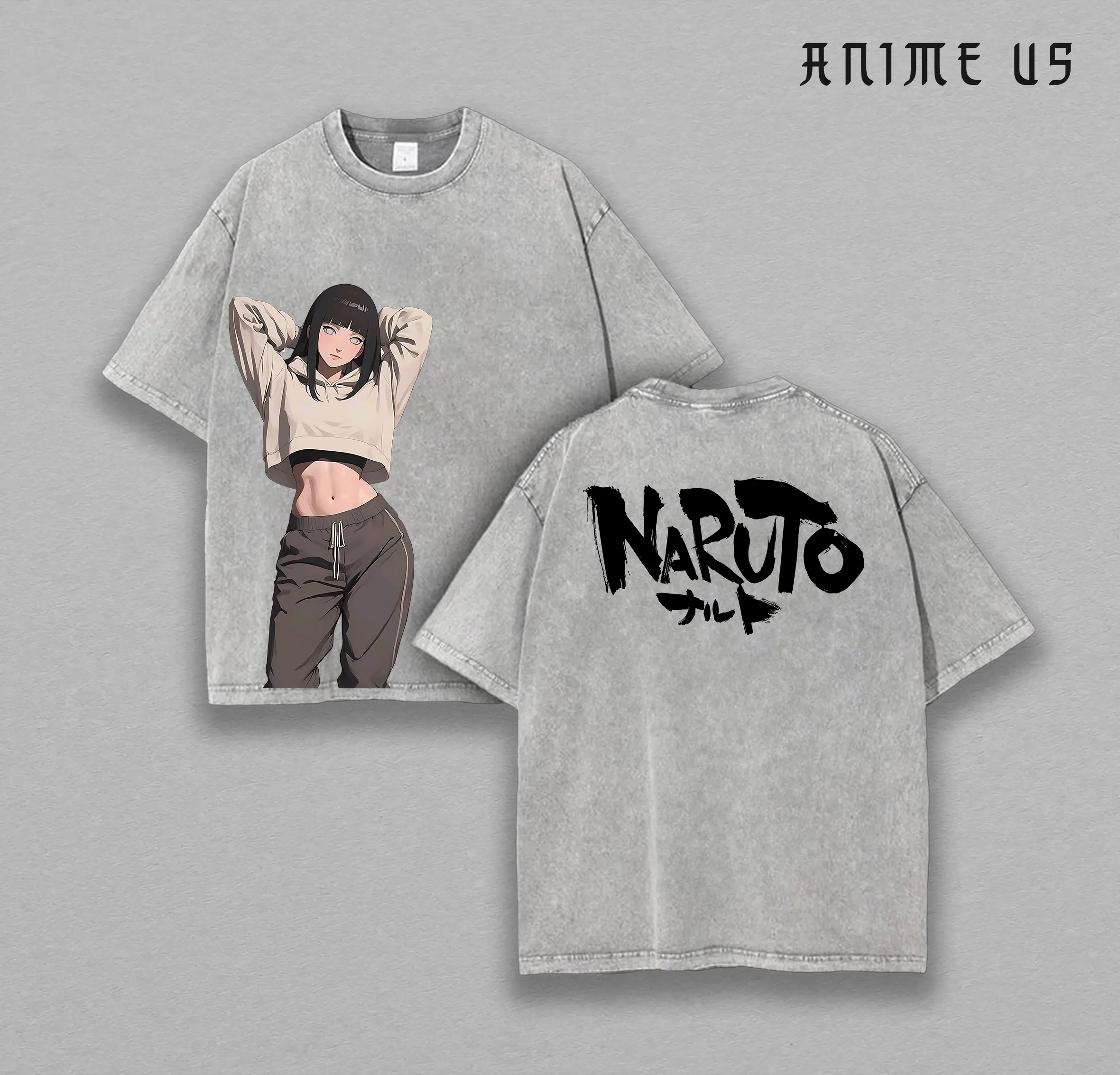 Hinata x Naruto Anime Double Printed Vintage Washed Tee Unisex Oversize Heavyweight Cotton T-shirt for Anime Fans and Lovers