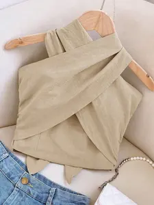 Women's Solid Color Short Cropped Sleeveless Cross Backless Halter Top, Adjustable Straps, Perfect for Vacation, Date Night, Party Wear