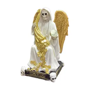 Santa Muerte of Abundance The Angel of Wealth and Prosperity with Golden Wings and Coins Statue 8 inches tall