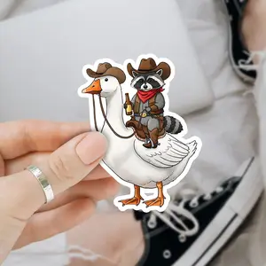 Cowboy Raccoon on a goose 3 inches Sticker, Waterproof Sticker for Laptop Water Bottle Book