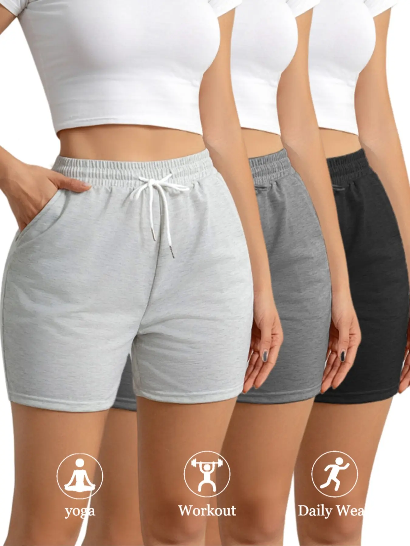 Women's 3-Piece Casual Slim-Fit Gym Drawstring Track Shorts Set with Pockets, Ideal for Gym Workouts, Running and Beach Activities, Suitable for All Seasons, Athletic Casual Shorts, Active Shorts