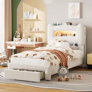 Garvee Upholstered Bed Frame with 2-Tier LED Headboard, Storage Drawer, Charging Station, Metal Support, No Box Spring Needed, Available in Multiple Sizes and Colors