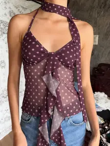 French Sweet Style Purple Polka Dot Scarf Design Slim Fit Vest, Women's Low V Neck Ruffle Tie Sexy Sheer Mesh Strapless Top, Casual Comfy Cami