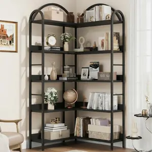 Flash sale home items 5-Tier L-Shaped Corner Bookshelf – Arched Metal Frame, Industrial Open Bookcase with Storage, Freestanding Display Shelf for Living Room, Bedroom, Office