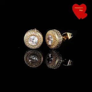 3A+ZC Round Sparkling Zirconia Stud Earrings - UUR Ice-Style Unisex Artificial Gemstone Jewelry Accessory, Women's Gold Earrings Set