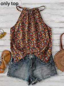 1 Spring Summer Floral Halter Tie Top Women (Only Top Included) | Boho Sleeveless Loose Casual Blouse | Cottagecore Retro Style for Vacation Beach Daily Travel Wear