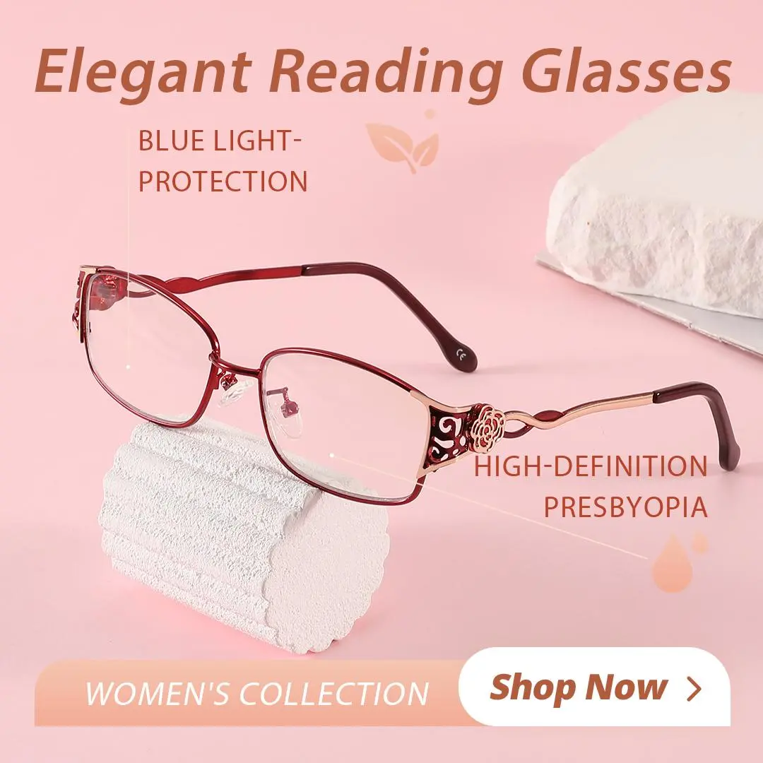 Women's Progressive Multi-Focus Rectangular Blue Light Glasses - Single Pair, Alloy Full Rim Frame, Resin Lens, Dual-Color Engraved Temples, Broad Temple Tips, +100 to +400 Strength, Fashion Casual Wear Comfortable Eyewear