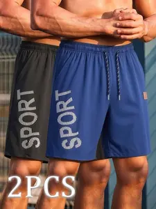 2-Pack Summer Fashion Shorts, Sporty Beach Pants, Elastic Drawstring Waist, Stylish Letter Print, Men's Casual Workout Shorts, Holiday Beachwear