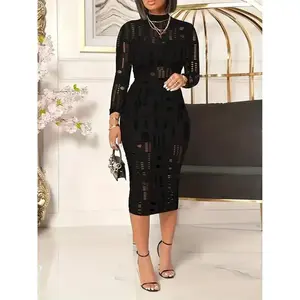 Elegant WOMEN'S sheer cut-out long sleeve bodycon dress set-high neck stretch polyester blend machine washable Fabric Spandex Collar Formal Black Chic