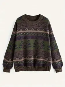 Women's Colorblock Geometric Pattern Round Neck Casual Sweater, Vintage Long Sleeve Knit Pullover for Women Daily Wear Knitwear