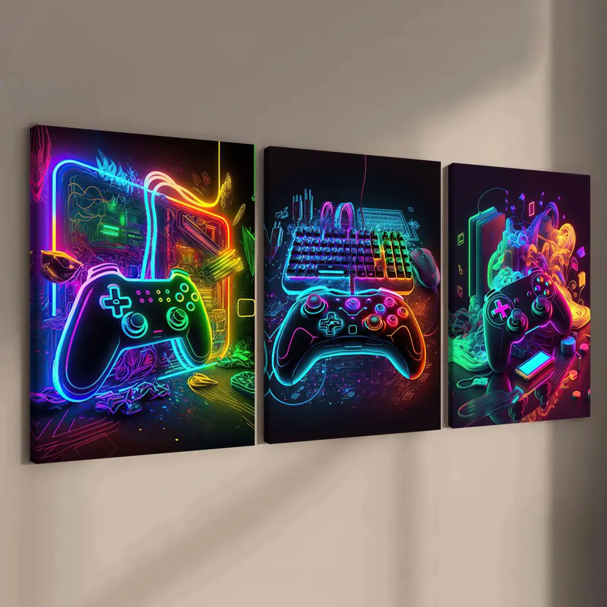 Modern Neon Gamepad Lightsaber Man Pattern Triple Canvas Painting with Frame, 3 Counts/set Artistic Modern Wall Art Painting, Wall Art Decor for Home Living Room Bedroom Office, Above Bed Wall Decor, Wall Art Decoration, Artwork