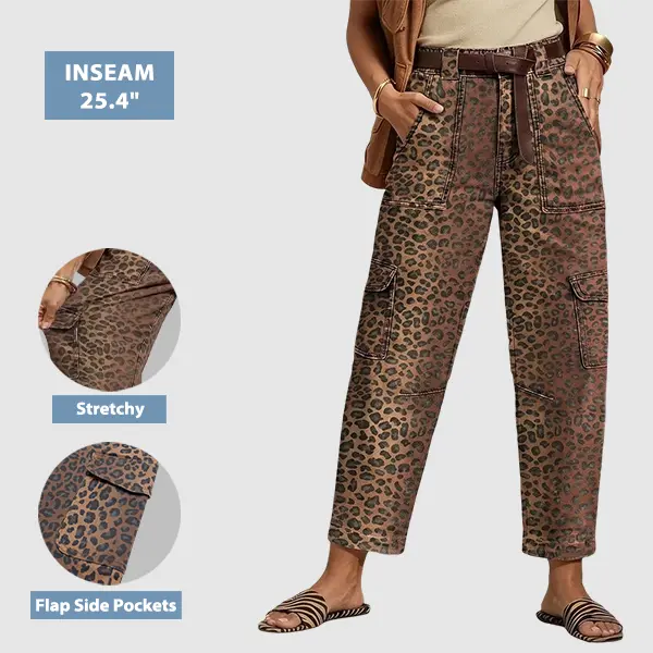 Flamingals Leopard Print Flap Pocket High Waist Tapered Cargo Crop Pants Without Belt Womenswear Stretchy 25.4" Inseam