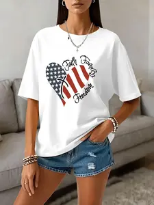 Women's Patriotic T-Shirt with Faith Family Freedom Heart Design, American Flag Graphic Tee, Soft Casual Crew Neck Short Sleeve Top for 4th of July, Independence Day, Memorial Day & Summer Outfits