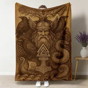 Odin Norse Mythology Viking Logo Flannel Throw Blanket - Soft, Cozy, Warm, Wrinkle Resistant, Vintage Etching, Hugin Munin Raven, Yggdrasil, Mjolnir Design, Pagan Gift, Scandinavian Dark Academia Bedroom Decor, 30x40 to 60x80 inches