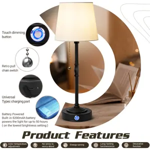 Cordless Table Lamp, Battery Operated Lamp with 3 Color Temps and Stepless Dimming, 5200mAh Portable Rechargeable Table Lamp for Restaurant/Bedroom/Bars/Outdoor