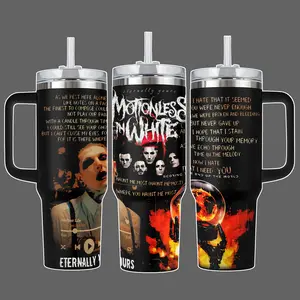 Motionless In White “Eternally Yours / Another Life” Lyrics Stainless Steel Insulated Travel Tumbler With Handle & Straw Lid 20oz 40oz Full Wrap Dark Band Aesthetic Design