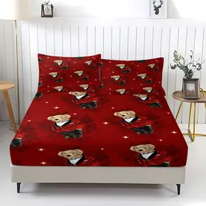 Red suit with teddy bear pattern bedsheet, Bed Sheet Set, comfortable printed pattern, including 1 bed sheet and 2 pillowcases, comfortable bedding, anti slip dust cover suitable for bedrooms and guest rooms, suitable for children or adults as gifts