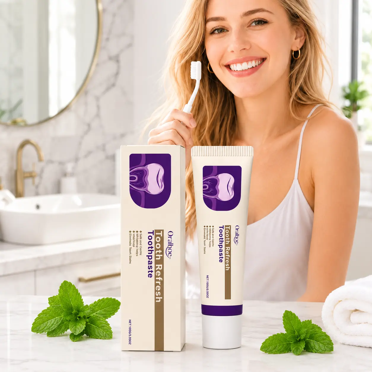Tooth Refresh Mint Toothpaste, Gentle Daily Oral Care for Fresh Breath, Clean Smile, Surface Stain Removal, Easy-to-Use, 100g