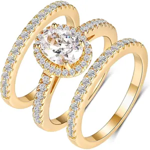 1.5CT Three in One Round Oval Eye Teardrop Halo Wedding Bands Set Engagement Rings Cubic Zirconia Promise Eternity Band for Women Size 5-10 R-1013