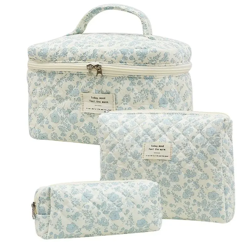 Portable Makeup Storage Bags Set, Multi-Functional Zipper Cosmetic Organizer, Small Floral Quilted Cotton Pouches, Best Gift for Mom Girlfriend