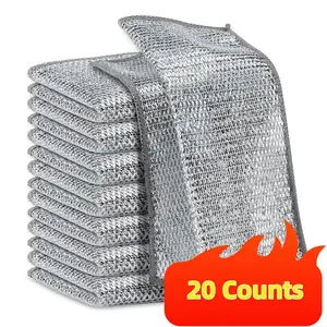 20 Counts Dishwashing Rags，Multipurpose Non-Scratch Wire Dishcloths for Wet and Dry Use, Reusable Wire Cleaning Cloths for Kitchen, Sinks, and Pans Silver Removable, Washable & More