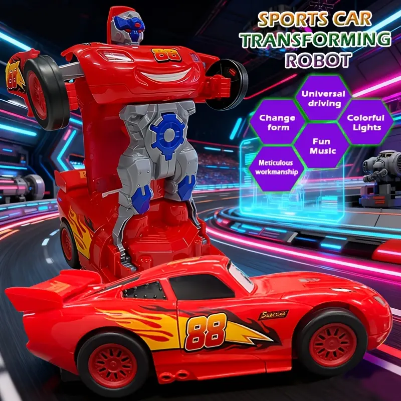 2-in-1 Stunt Transforming Cartoon Car Toy - Electric Robot Toy with Music (Batteries Not Included), Toys