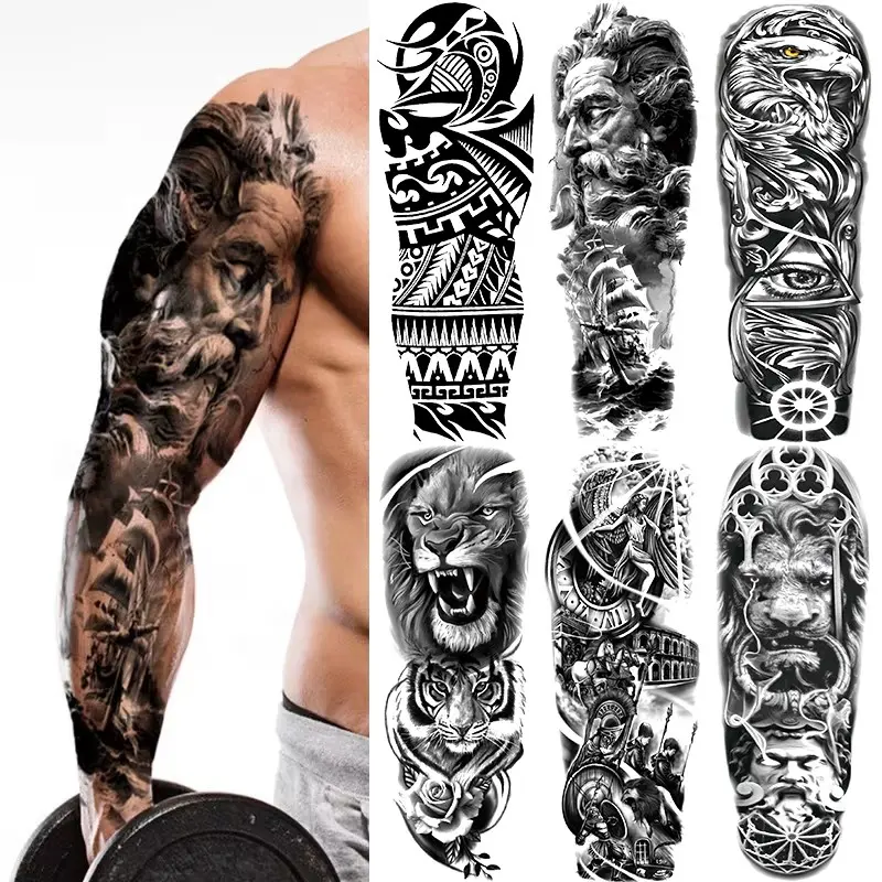 6 Large Tribal Temporary Tattoo Stickers, Fake Tattoos, Ephemeral Tattoos, Waterproof Realistic Arm Leg Body Art, Tattoo Arm Sleeves, Lion Maori Celtic Aztec Polynesian Designs, Unisex, Arm Sleeve Tattoos