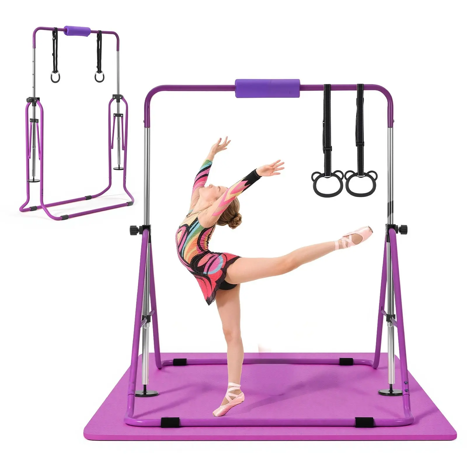 Kids Gymnastics Training Bar, 140 Lb Capacity Folding Kip Bar With Mat, Adjustable Height Horizontal Bar For Home Gym, Indoor Outdoor Exercise Equipment, Easy Assembly, Portable Steel Frame, Safe Durable Design, Purple