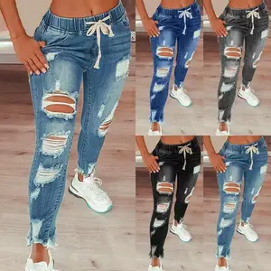 Women's trendy high waist ripped elastic waist drawstring jeans riden jeans  jeans Pants Denim Casual Womenswear