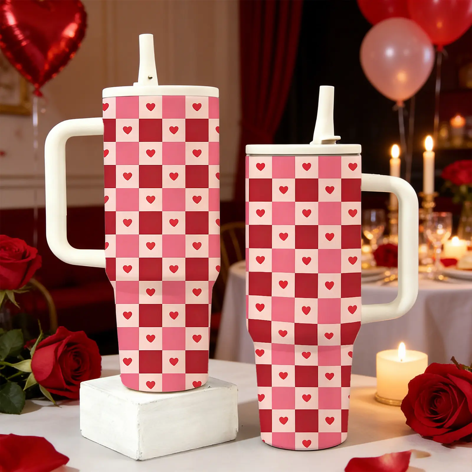 1 Pc 40oz double wall vacuum cup Tumbler, Stainless, with handle and straw, leak proof insulated mug for hot cold drinks, keeps hot 12 hours and cold 24 hours, heart checkered Valentine's Day thermal mug, travel gift for women men office home