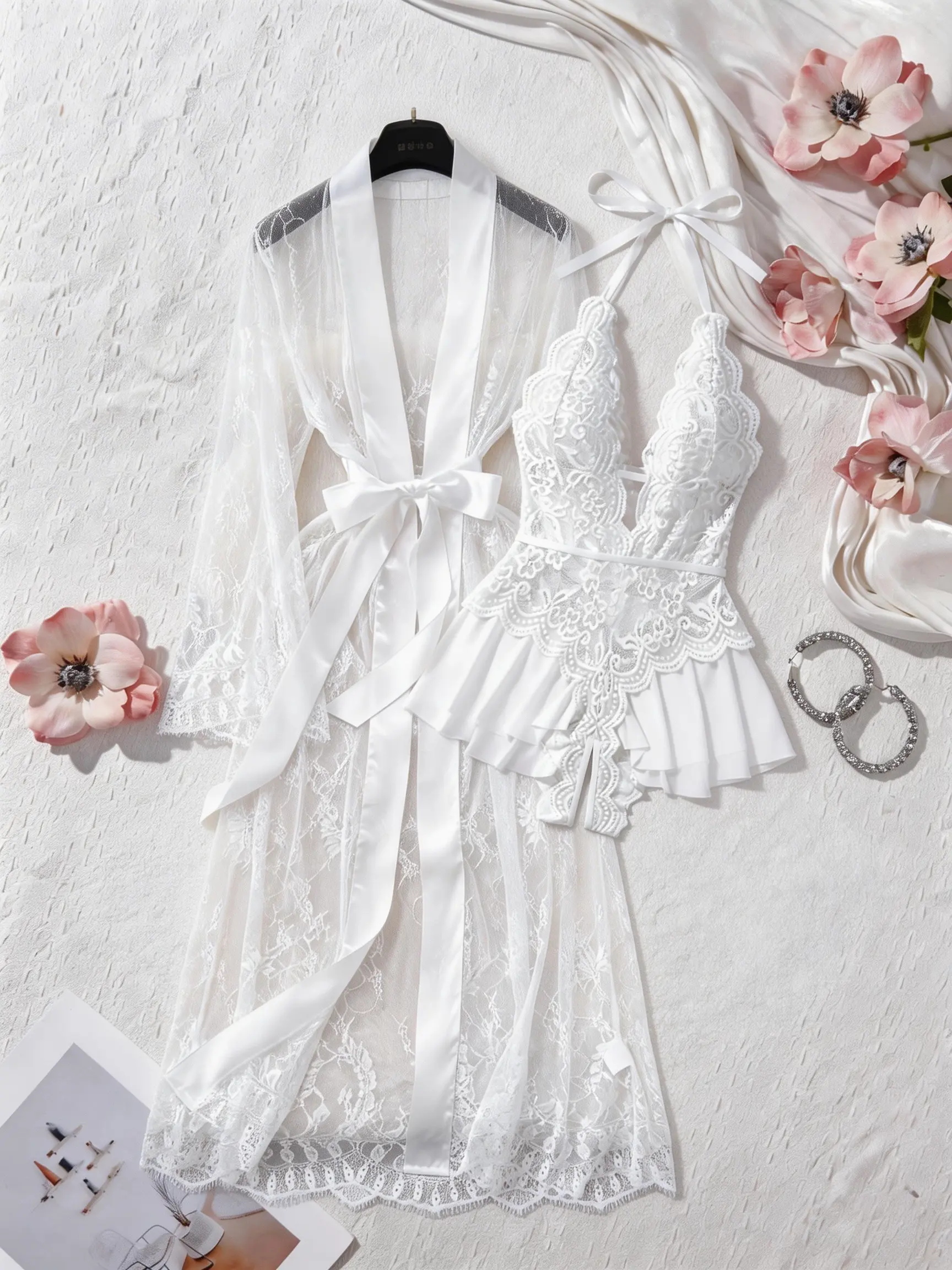 Women's 2-Piece Fitted White Elastane Bodysuit & Sheer Long Robe Set - Sexy Deep V-Neck Halter, Open-Crotch, Lace Up, Satin Bow Belt, Kimono Style Nightwear Loungewear Floral Boudoir Bathrobes & Gowns for Valentine's