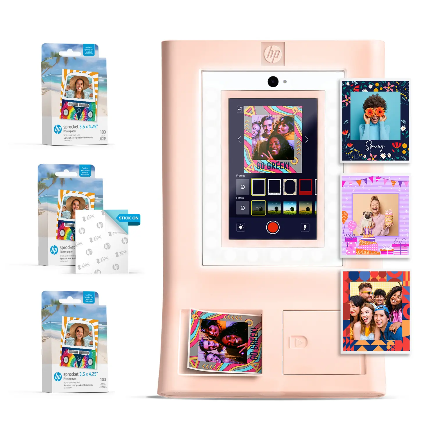 HP Sprocket Photobooth 3x4" Inkless Wireless Portable Handheld Photo Sticker Printer Bundle with 300 Sheets 3.5x4.25" Zink Photo Paper, Adjustable LCD Touch Screen, LED Ring Light, Flash, WiFi Connect Printer, Inkless Printer, Wireless Printer