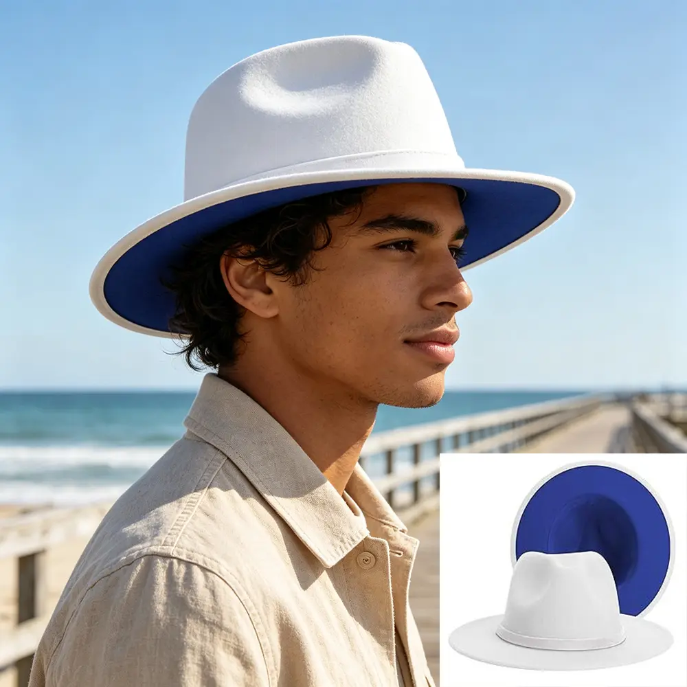 Two Tone Wide Brim Fedora Hat, White & Blue Interior Ranch Style Hat, Unisex Felt Dress Hat for Travel Beach