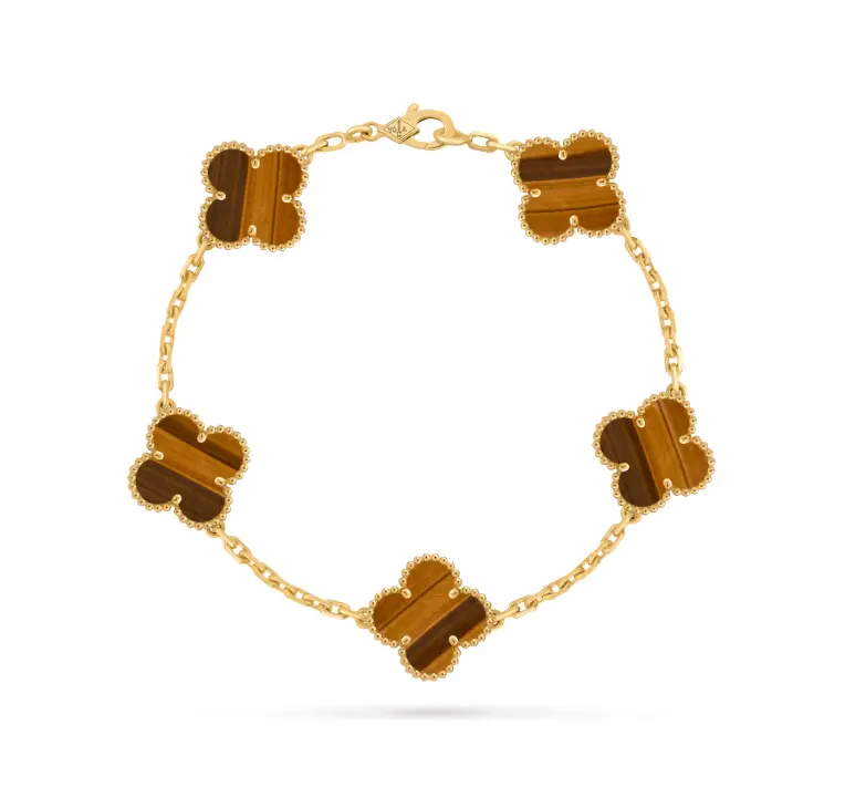 Pre-owned Van Cleef & Arpels Vintage Alhambra Bracelet 5 Unique Tiger Eye Stones 18K Yellow Gold，full set