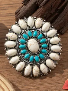 Western Turquoise Alloy Brooch Pin for Women - Vintage Silver Sunflower Concho Style Pin with White Faux Stones - Bohemian Cowboy Accessories for Hats, Scarves & Jacket Lapels