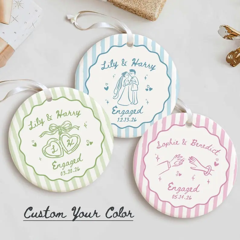 2 Sided Ceramic Ornament, Custom Christmas Engagement Gift Bride Groom, Cute Personalized Gift for Engaged Couple, Wedding Married Newlyweds