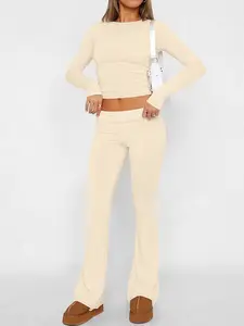 Stylish Casual Women's Long Sleeve Solid Cropped Top with High Waist Flare Pants Set, Lightweight Fall Fashion for Trendy Womenswear Outfits