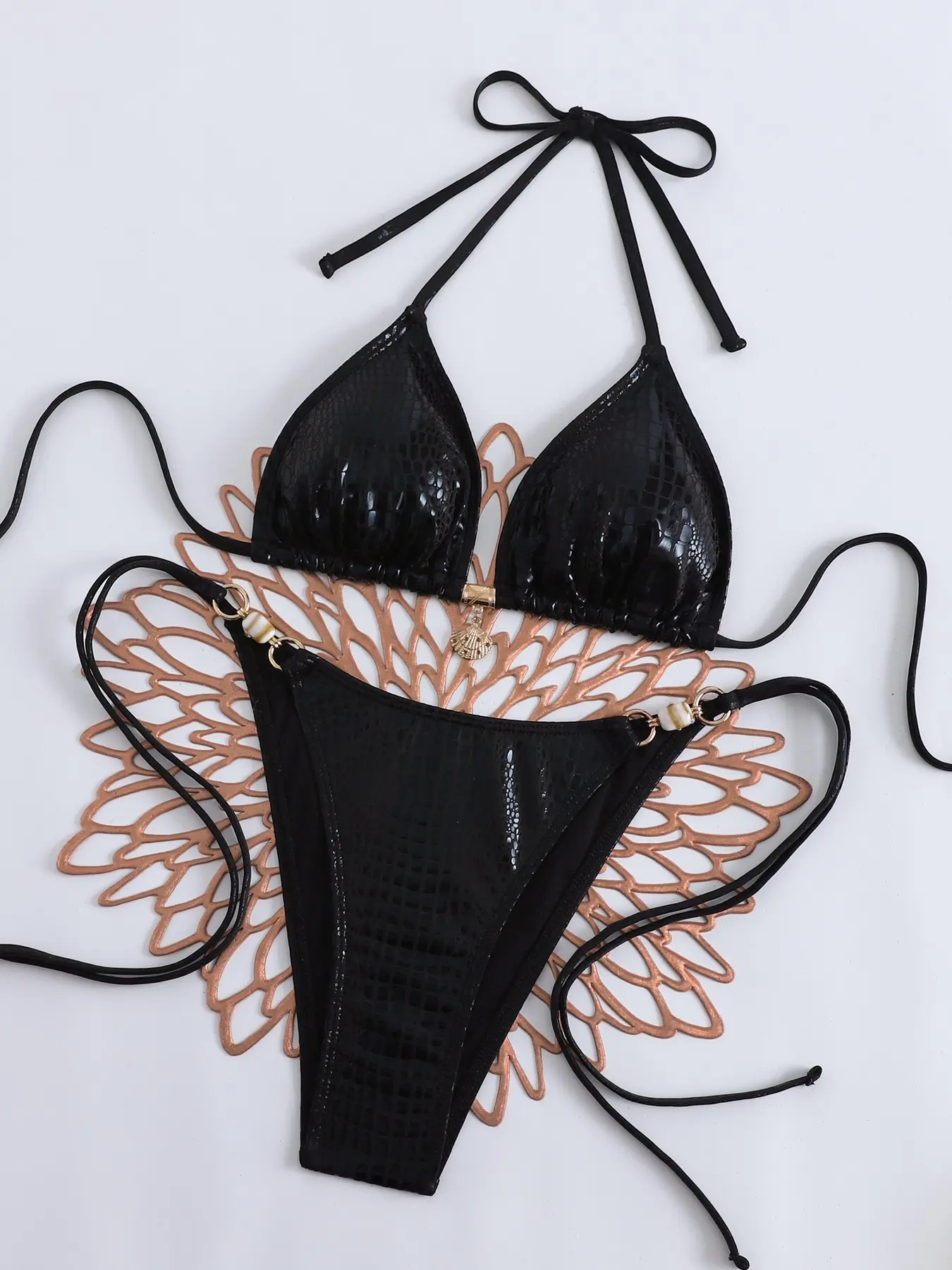 Dark Punk Style Crocodile Pattern Halter Bikini Set, Metal Shell Pendant Detachable Swimwear, Women's Fashion Swimsuit, Edgy Bikini Set, Swimsuit Sets