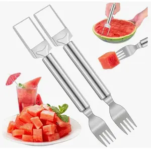 2 in 1 Watermelon Cutter & Fork, 2pcs/set Stainless Steel Fruit Cutter, Fruit & Vegetable Utensils for Home Kitchen Watermelon Fork Slicer