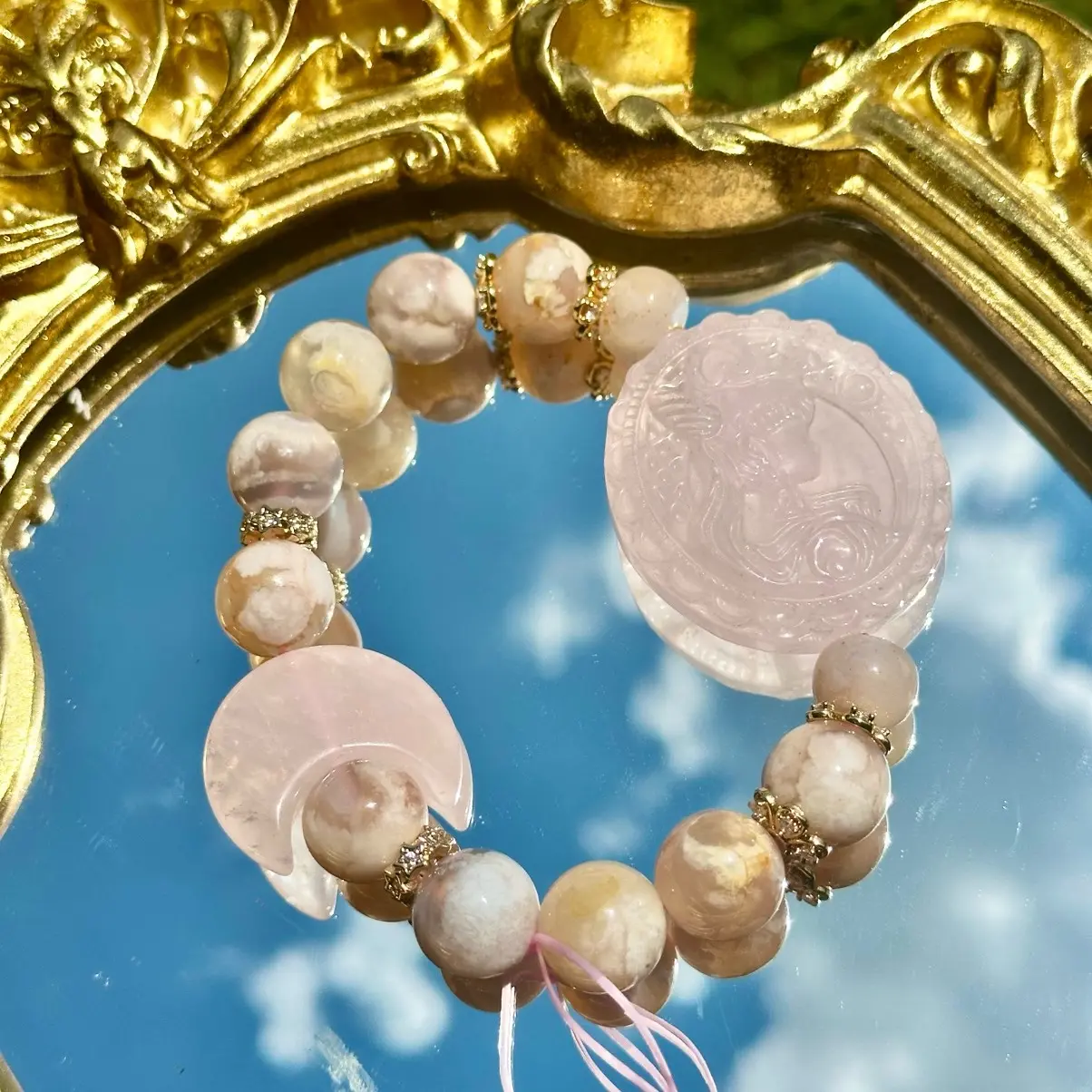Sailor Moon Rose Quartz & Flower Agate Handmade Crystal Bracelet 14mm Beads with Elegant Design