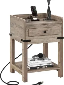DWVO Farmhouse Nightstand with Drawers, Bedside Table with Charging Station Night Stand with Storage Shelf Side Table End Tables Bedroom, Grey
